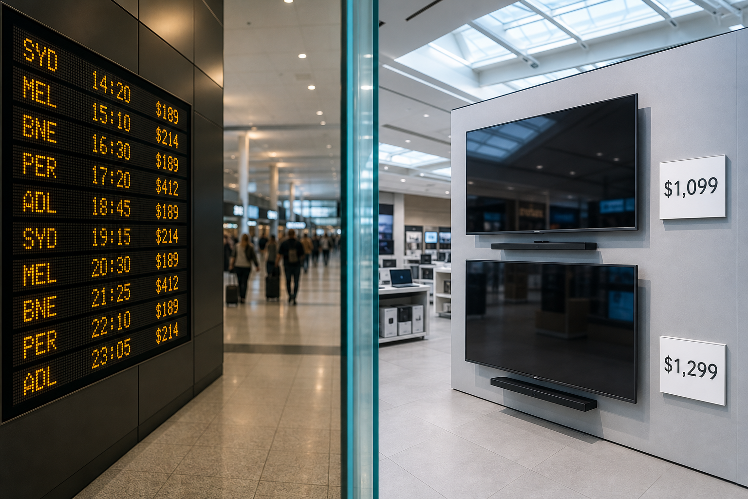 Split view of a flight departure board and two identical TVs at different prices in an Australian shop.